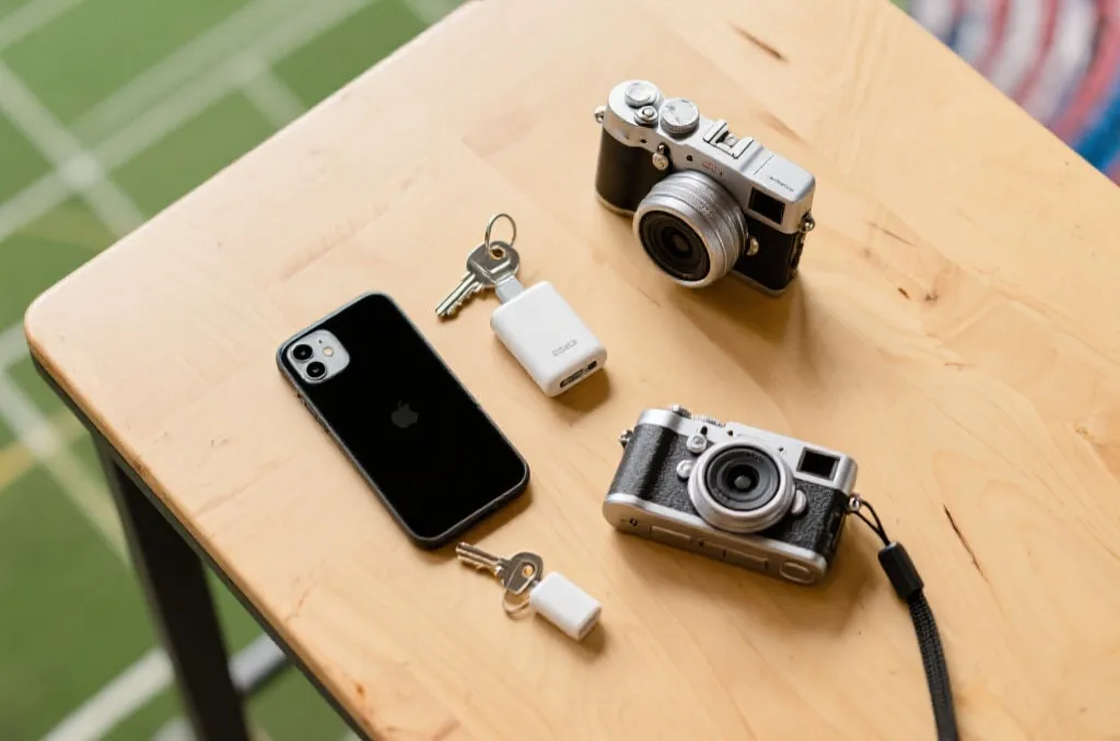 A flat lay of travel essentials for a stadium event including a smartphone and a small power bank