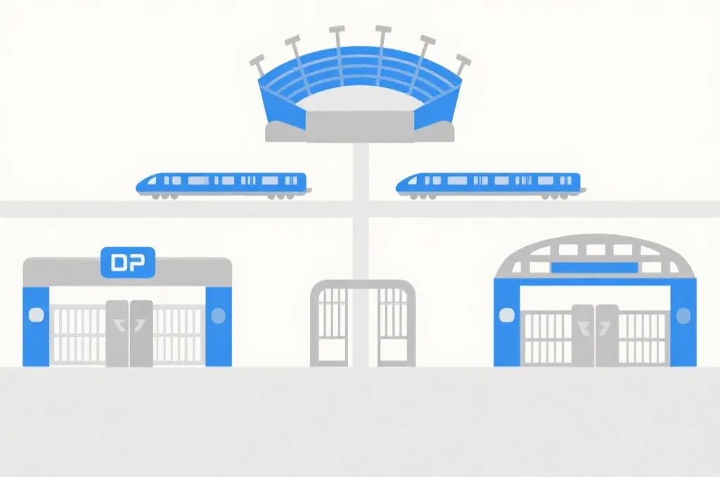 An infographic-style illustration representing a public transit map and generic stadium access gates, simple icons of trains, blue and gray color palette